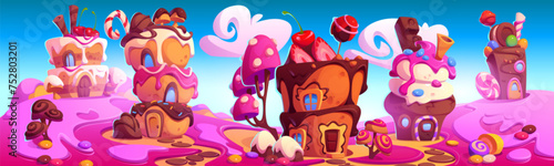 Candy land with fantasy sweet dessert houses, chocolate trees and pink jelly grass. Cartoon vector landscape of cute fantasy fairy sugar world with home made of cake and cookie, caramel and ice cream.