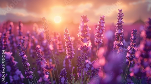 Sunset Over Lavender Fields in Full Bloom, The sun dips below the horizon, casting a warm glow over expansive fields of blooming lavender.