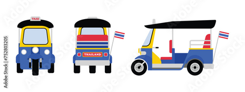 Tuk Tuk taxi travel in Thailand isolated on white background. Thai transportation icon design element. Cartoon vector illustration. photo