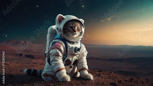 Cute space cat dressed in astronaut suit, space alient planet landscape photo
