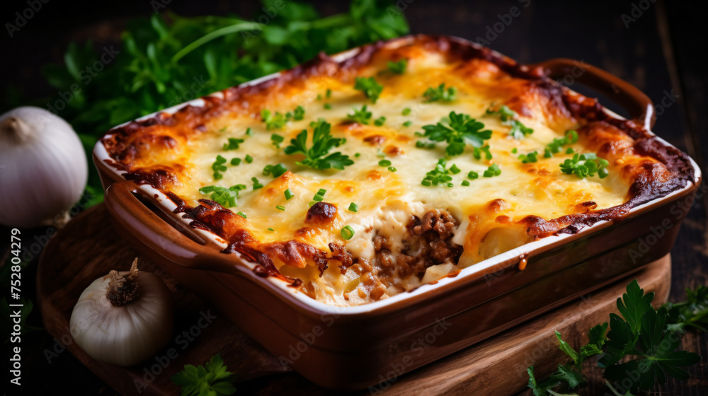 Baked lasagna with minced meat mozzarella cheese and h