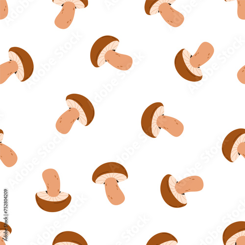 Mushrooms pattern. Seamless background, boletus fungi. Autumn porcini, brown fungus, repeating print, endless texture. Printable flat graphic vector illustration for wrapping, textile, fabric design