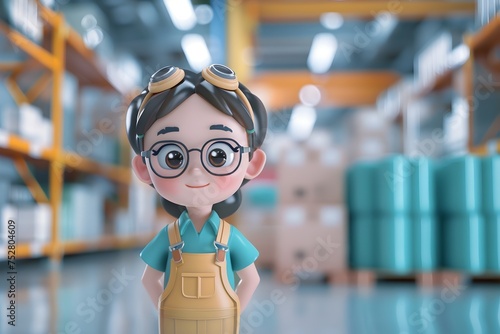 Cartoon Worker in Industrial Warehouse Setting photo