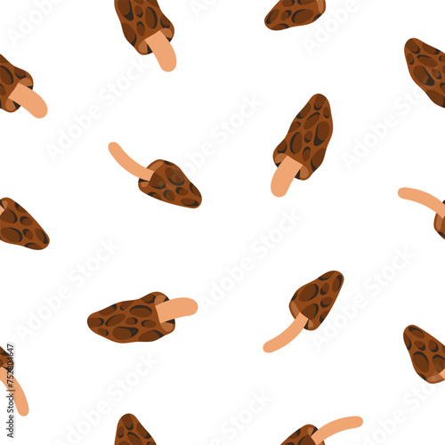 Morels, seamless pattern. Autumn mushrooms, endless background, texture desig...