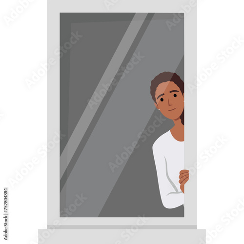 Young woman looking something outside window. Peeking from her room. Flat vector illustration isolated on white background