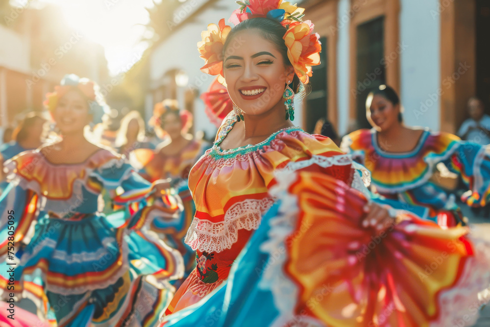 Happily smiling Mexican woman in colourful costume dancing traditional Folklorico dance on the street. Sunlight. 