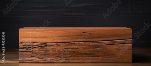 Rustic Wooden Box on Elegant Black Background, Minimalist Design Concept photo