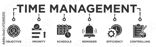 Time management banner web icon illustration concept with icon of objective, priority, schedule, reminder, efficiency, alerts, and controlling