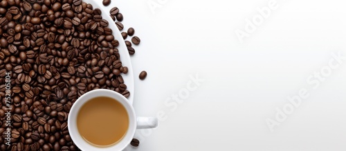 Rich Aroma of Roasted Coffee Beans and Fresh Brewed Cup on Clean White Background