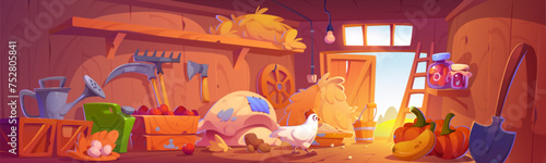 Farm barn view from inside with tools, crop and chicken. Cartoon vector illustration of ranch shed indoor with wooden walls, haystack and sack, gardening tools and hen eggs in chest, vegetable harvest