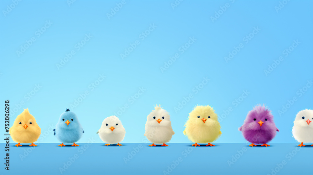 Colorful Easter Chicks Lineup on a blue background. AI