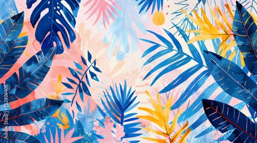 Abstract art vector illustration. Watercolor painting, children's wallpaper. Hand drawn plants. Palms, rainforest, leaves, flowers. modern Art. Prints, wallpapers, posters, cards, murals
