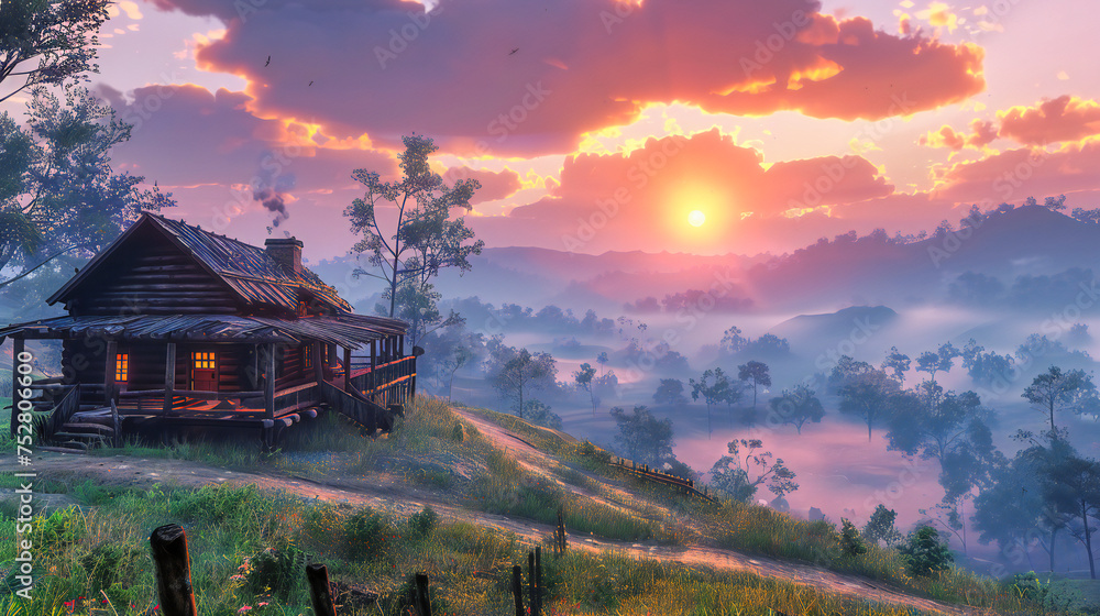 Morning in the Mountains, A Tapestry of Fog and Sunlight, Natures Awakening in a Serene Landscape