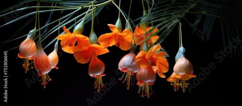 Vibrant Orange Flowers Cascading from Lush Palm Tree on a Sunny Day