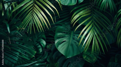 closeup nature view of green leaf and palms background. Flat lay, dark nature concept, tropical leaf 