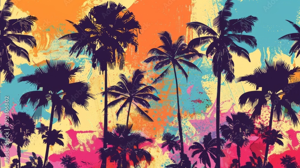 Colourful Retro Tropical palm trees silhouettes , Island , Leaves , flower repeat in retro style. Vector art Hand drawn illustration for summer design, print, exotic wallpaper, textile, fabric