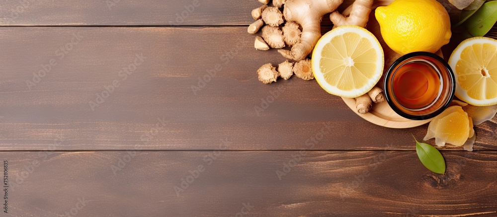 Vibrant Display of Fresh Lemons and Ginger Roots on Wooden Table Vibrant Display of Fresh Lemons and Ginger Roots on Wooden Table
