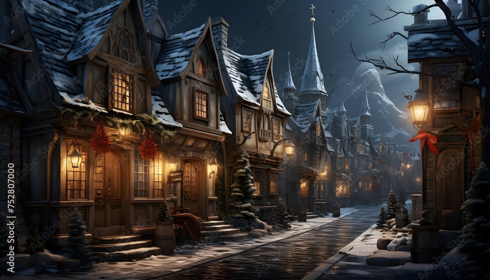 Illustration of a winter night in the old town of Tallinn