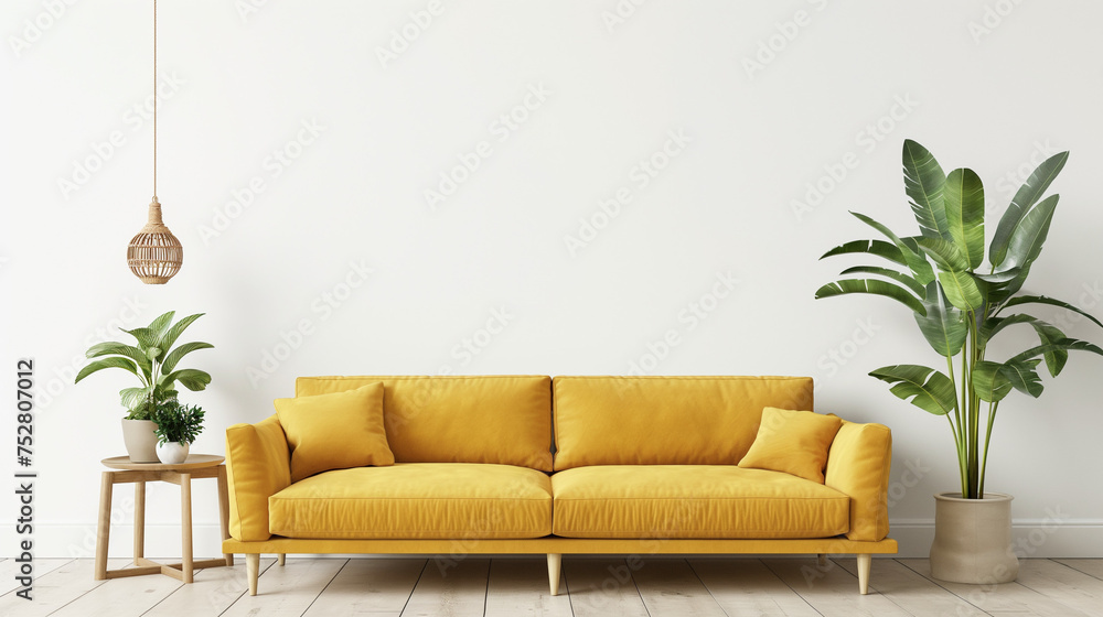 Empty living room with yellow sofa plants and table. Generative AI