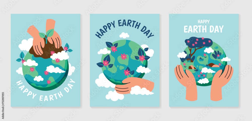 Happy Earth day concept background vector set. Save the earth, globe, embrace, tree, flower. plant tree. Eco friendly illustration cover design for web, banner, campaign, social media post.