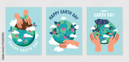 Happy Earth day concept background vector set. Save the earth, globe, embrace, tree, flower. plant tree. Eco friendly illustration cover design for web, banner, campaign, social media post.