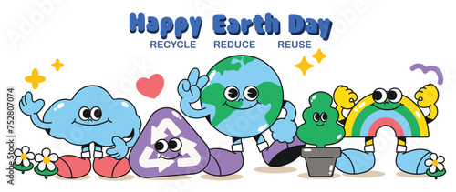 Happy Earth day concept background vector. Save the earth, globe, cloud, recycling symbol, rainbow groovy style. Eco friendly illustration design for web, banner, campaign, social media post.