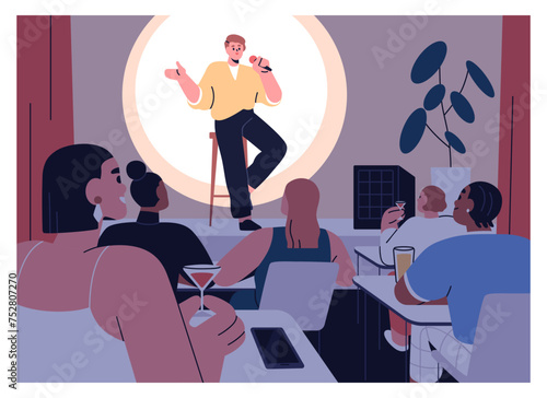 Comedian at open mic, comedy show. Audience listening to jokes, humor monologue, night concert of comic speaker at microphone, sitting on stool on stage, telling stories. Flat vector illustration