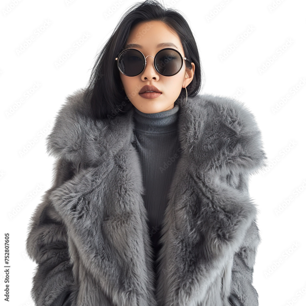 Front view mid body shot of an elegant female Asian model wearing a WORD fur coat with sunglasses on a white transparent background Front view mid body shot of an elegant female Asian model wearing a WORD fur coat with sunglasses on a white transparent background