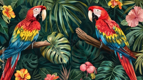 Tropical exotic pattern with macaws and flowers in bright colors and lush vegetation