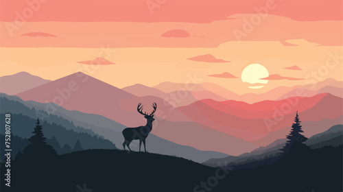 Sunset or Dawn Over Mountains with Stag on Hillustration Top