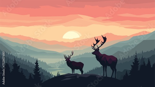 Sunset or Dawn Over Mountains with Stag on Hillustration Top