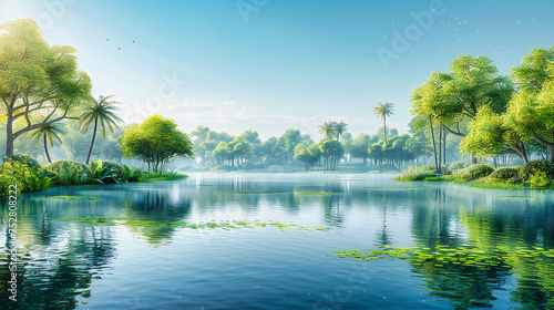 Natures Mirror, A Reflection of Serenity in Water, The Lush Green Tapestry of Summer Unveiled