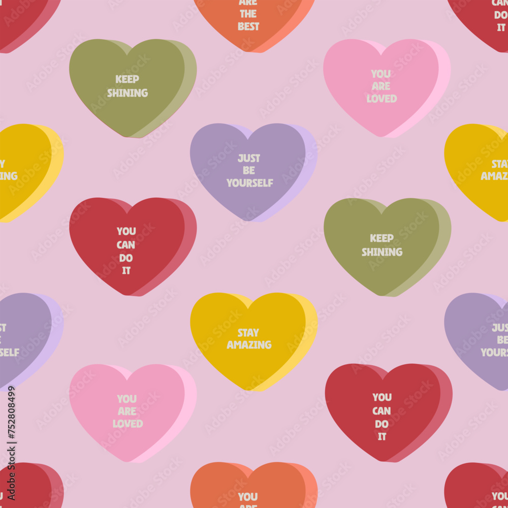 Seamless vector pattern with colorful hearts and positive quotes. Geometric shapes with text on background. Love symbols texture. Motivation and self love concept. Wrapping paper, wallpaper, textile