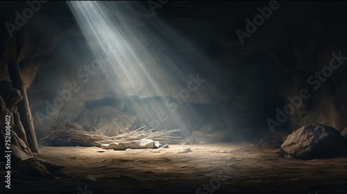 Empty tomb of Jesus Christ. Abandoned shroud and crown