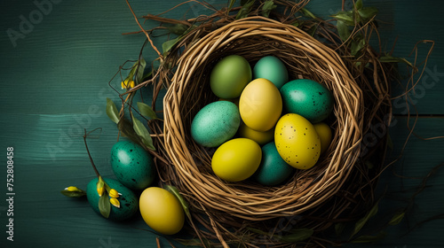 Basket with painted Easter eggs and willow branches on light wooden background