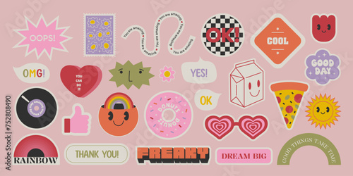 Set of geometric y2k stickers, patches, labels, tags. Smiling face cartoon characters, text stamps, abstract shapes. Retro design collection. Funky vector graphic
