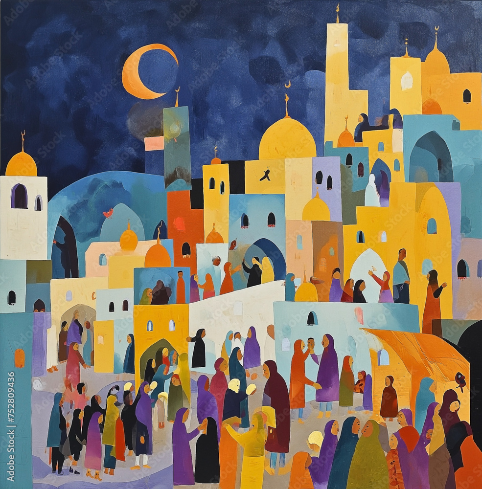 Cartoon people celebrating ramadan to celebrate ramadan at night. Happy Ramadan celebration Muslim