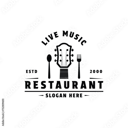 Musiv live restaurant logo design concept with guitar fork and spoon icon