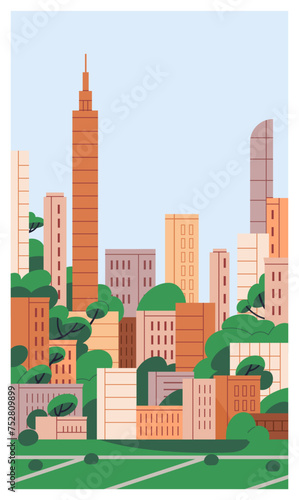 City buildings, urban poster. Cityscape, metropolis card. Skyscrapers, high multistorey buildings architecture and green trees in downtown, sky. Metropolitan postcard. Flat vector illustration