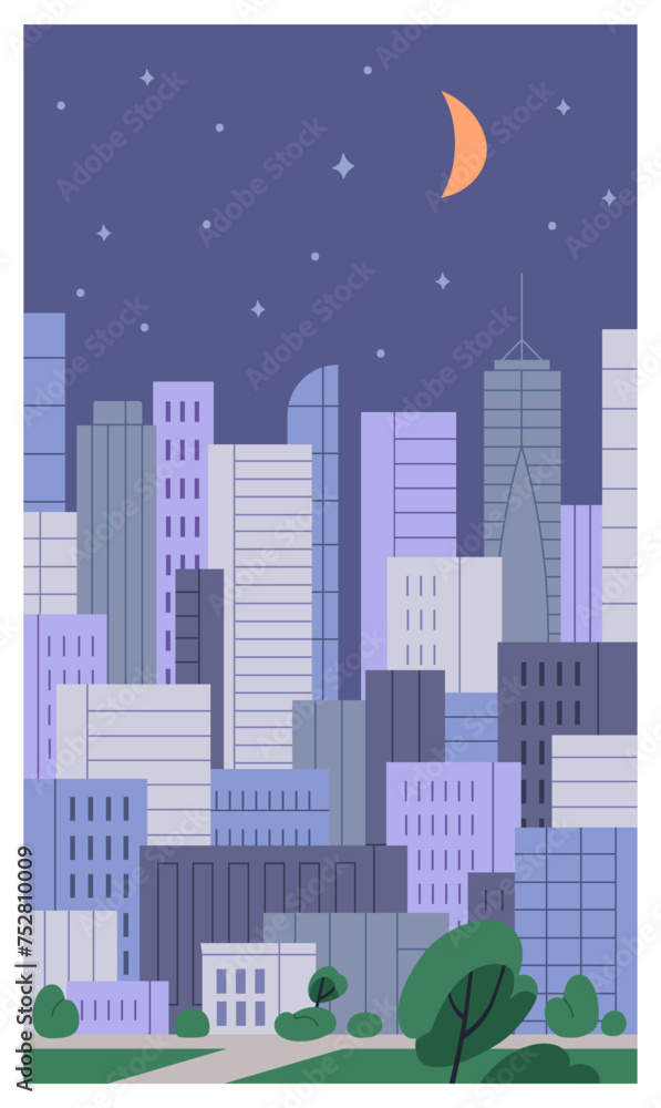 Night city poster. Cityscape, urban card with high tower buildings, architecture, crescent moon and stars in midnight sky. Nighttime multistory metropolis, metropolitan. Flat vector illustration