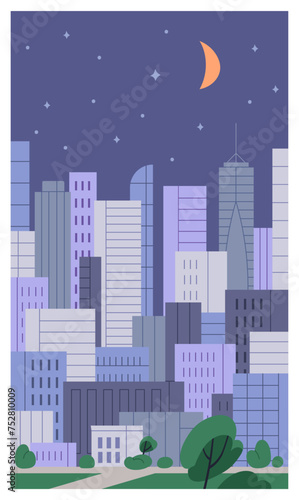Night city poster. Cityscape, urban card with high tower buildings, architect...