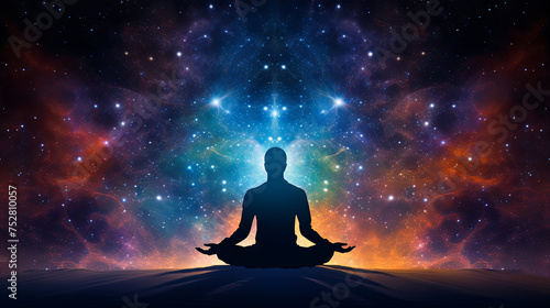Silhouette of a man doing meditative yoga against the background of a spiral galaxy. New quality, colorful spiritual images, wallpaper design. Meditation concept