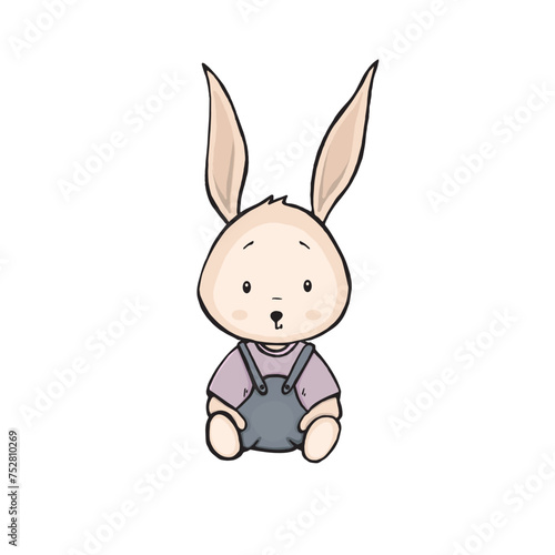 cute bunny in clothes sitting vector. Bunny in a t-shirt and overalls vector hand drawing children's illustration