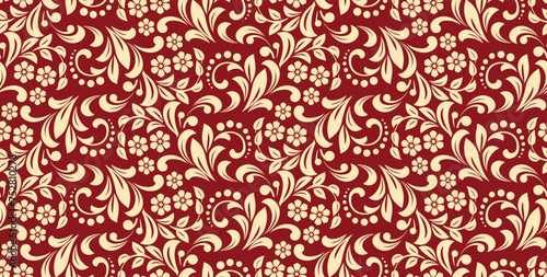Flower pattern. Seamless gold and red ornament. Graphic vector background. Ornament for fabric, wallpaper, packaging