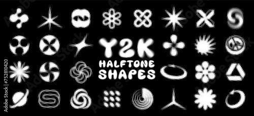 Y2K dotted halftone icons, collection of abstract pixelated shapes. Retro vector symbol set for a 2000s design aesthetic