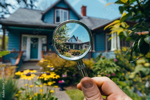 Real estate inspector inspecting house with magnifying glass. photo
