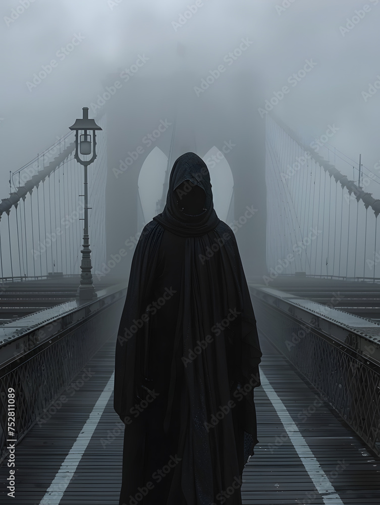 A grim figure in grey stands on a fogcovered bridge under street lights - obrazy, fototapety, plakaty 