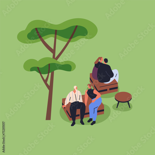 People relaxing in park, nature. Couples, friends sitting, resting outdoors, ...