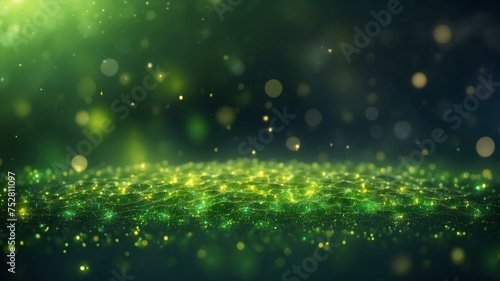 Enchanting visualization of green sparkles on a dark backdrop suggesting a magical or digital world