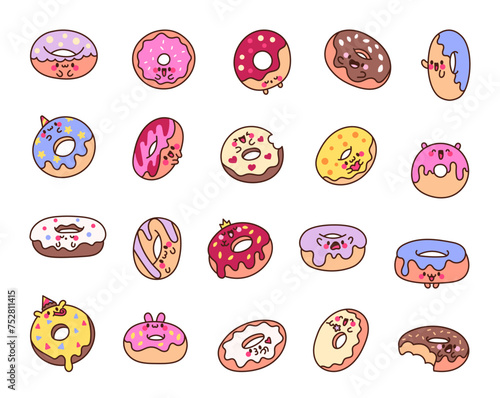 Cute cartoon kawaii donut. Sweet doughnuts characters. Hand drawn style. Vector drawing. Collection of design elements. © palau83